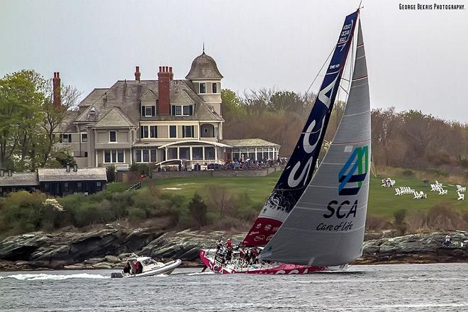 Volvo Ocean Race: VO60 Team SCA powers out of Newport en route to Europe © George Bekris http://www.georgebekris.com